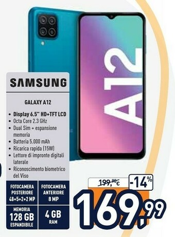 Unieuro Samsung Galaxy A12 SM-A125F 16,5 Cm (6.5") 4G USB Tipo-C 4 GB 128 GB 5000 MAh Blu offerta