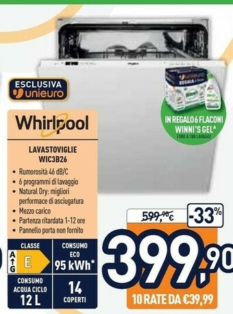 Unieuro Whirlpool WIC 3B26 Lavastoviglie A Scomparsa Totale 14 Coperti E offerta