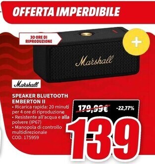 MediaWorld Marshall speaker bluetooth emberton ii offerta