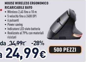 Unieuro MOUSE WIRELESS ERGONOMICO RICARICABILE BAYO offerta