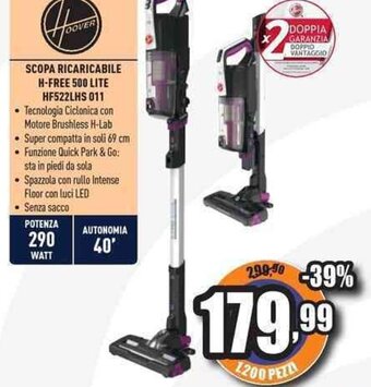 Unieuro Hoover SCOPA RICARICABILE H-FREE 500 LITE HF522LHS 011 offerta