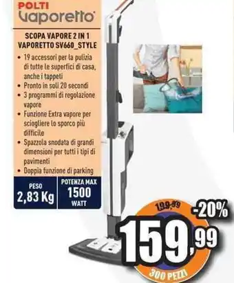 Unieuro POLTI vaporetto SCOPA VAPORE 2 IN 1 VAPORETTO SV660_STYLE offerta