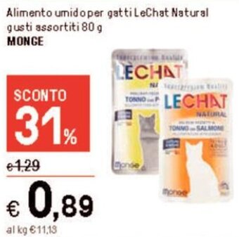 Iper La Grande Alimento umido per gatti LeChat Natural gusti assortiti 80 g Monge offerta