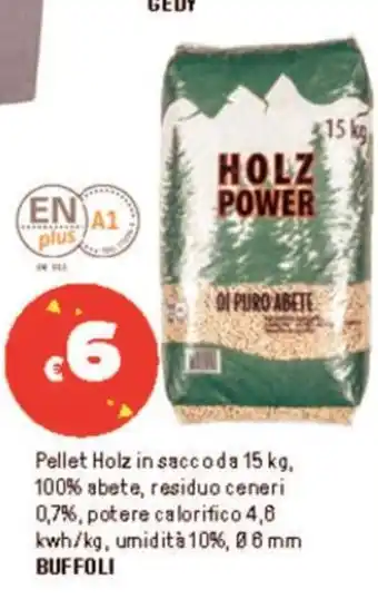Iper La Grande Pellet Holz in saccoda 15 kg, 100% abete, residuo ceneri 0,7%, potere calorifico 4,6 kwh/kg, umidità 10%, 06 mm BUFFOLI offerta