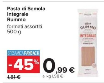Carrefour Pasta di Semola Integrale Rummo formati assortiti 500 g offerta