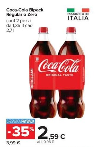 Carrefour Coca-Cola Bipack Regular o Zero conf 2 pezzi da 1,35 It cad 2,7 l offerta