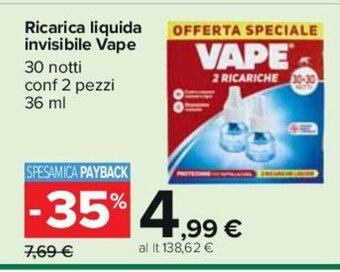Carrefour Ricarica liquida invisibile Vape 30 notti conf 2 pezzi 36 ml offerta