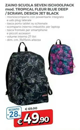 Famila Seven Zaino Scuola Ischoolpack Mod. Tropical Fleur Blue Deep / Scrawl Design Jet Black offerta