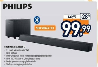 Unieuro Philips TAB5305/12 Altoparlante Soundbar Nero 2.1 Canali 70 W offerta