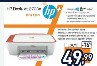 Unieuro HP DeskJet 2723 Getto Termico D'inchiostro A4 4800 X 1200 DPI 7,5 Ppm Wi-Fi offerta