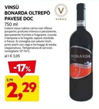 DPiù VINSÙ BONARDA OLTREPÒ PAVESE DOC 750 ml offerta
