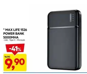 DPiù *MAX LIFE 1526 POWER BANK 5000MHA -Usb-Type-C - Microusb offerta