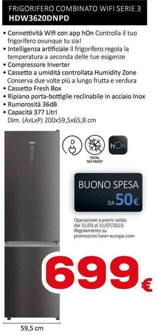Euronics FRIGORIFERO COMBINATO WIFI SERIE 3 HDW3620DNPD offerta
