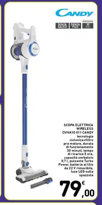 Spazio Conad CANDY SCOPA ELETTRICA WIRELESS CVIVA10 011 CANDY 30 minuti, tempo di ricarica 5 ore,0,7 l, offerta