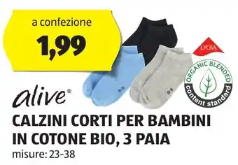 ALDI alive CALZINI CORTI PER BAMBINI IN COTONE BIO, 3 PAIA misure: 23-38 offerta