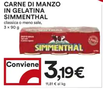 Coop CARNE DI MANZO IN GELATINA SIMMENTHALCARNE DI MANZO IN GELATINA SIMMENTHAL classica o meno sale, 3 x 90 g 3 x 90 g offerta