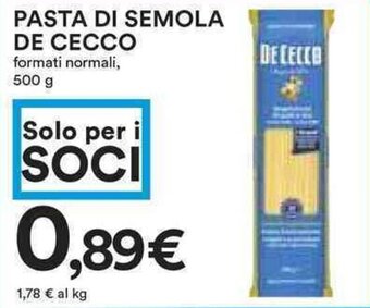Coop PASTA DI SEMOLA DE CECCO formati normali, 500 g offerta
