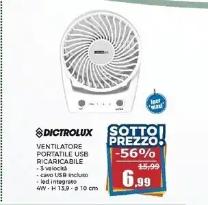 Dictrolux ventilatore da scrivania portatile e ricaricabile usb 4 watt - h13,9x10,8x4,3 cm