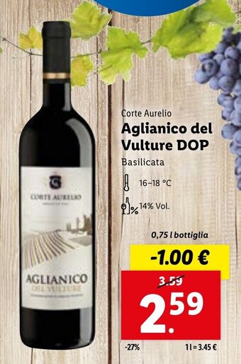 Lidl Corte Aurelio Aglianico del Vulture DOP 0,75 l bottiglia offerta
