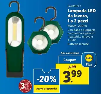 Lidl PARKSIDEⓇ Lampada LED da lavoro, 1 o 2 pezzi offerta