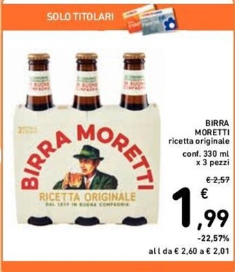 Conad BIRRA MORETTI conf. 330 ml x 3 pezzi offerta