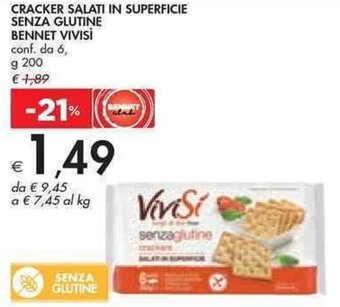 CRACKER SALATI IN SUPERFICIE SENZA GLUTINE BENNET VIVISI conf. da 6, g 200