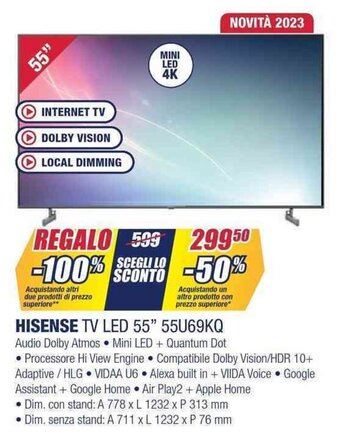 Trony HISENSE TV LED 55" 55U69KQ offerta