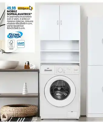 Eurospin MOBILE SOPRA LAVATRICE 2 vani, 2 ante e l ripiano interno, misura: mobile 65x25x19 h cm, vano lavatrice 62x23,5x9 h cm. offerta