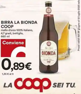 Coop BIRRA LA BIONDA COOP malto d'orzo 100% italiano, 4,7 gradi, bottiglia, 660 ml offerta
