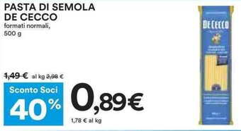 Coop PASTA DI SEMOLA DE CECCO 500 g offerta