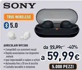 Unieuro Sony auricolari wf-c500 true wireless - fino a 20 ore di durata della batteria con custodia di ricarica - compatibile con l'a offerta