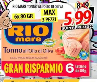 Il Genio Supermercato RIO MARE TONNO ALL'OLIO DI OLIVA 6x 80 GR offerta