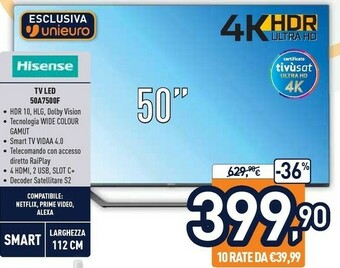 Unieuro Hisense A7500F 50A7500F TV 127 Cm (50") 4K Ultra HD Smart TV Wi-Fi Nero offerta