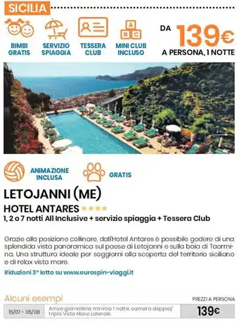 Eurospin LETOJANNI (ME) HOTEL ANTARES offerta