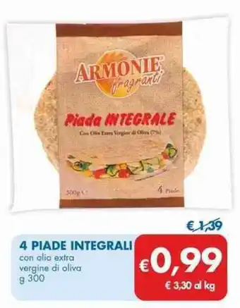 MD Discount 4 4 PIADE INTEGRALI con olio extra vergine di oliva g 300 offerta