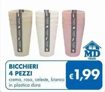 MD Discount BICCHIERI 4 PEZZI crema, rosa, celeste, bianco in plastica dura offerta