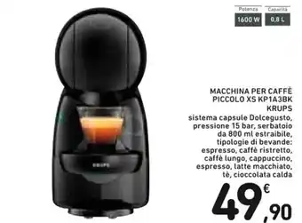 Spazio Conad MACCHINA PER CAFFÈ PICCOLO XS KP1A3BK KRUPS offerta