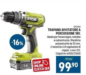 Cfadda Ryobi trapano avvitatore a percussione 18v offerta