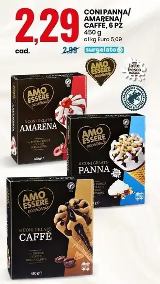 Eurospin Amo essere eccellente coni panna/amarena caffè, 6 pz offerta