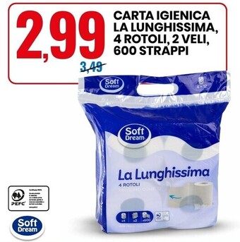 Eurospin Soft dream carta igienica la lunghissima, 4 rotoli, 2 veli, 600 strappi offerta