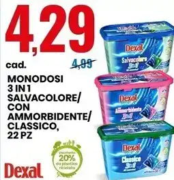 Eurospin Dexal monodosi 3 in 1 salvacolore/con ammorbidente/classico, 22 pz offerta
