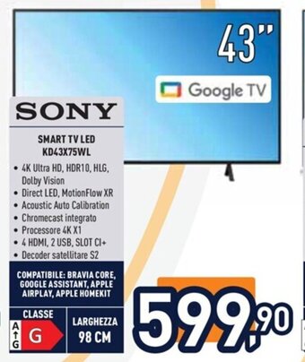 Unieuro SONY SMART TV LED KD43X75WL offerta