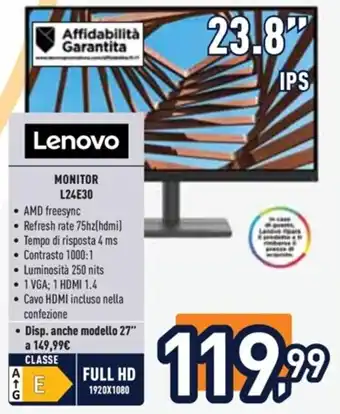 Unieuro Lenovo MONITOR L24E30 offerta