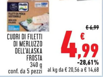 Conad CUORI DI FILETTI DI MERLUZZO DELL'ALASKA FROSTA 340 g conf. da 5 pezzi offerta