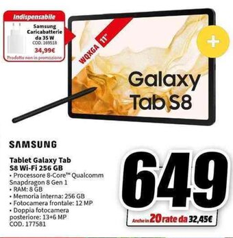 MediaWorld SAMSUNG Tablet Galaxy Tab S8 Wi-Fi 256 GB offerta