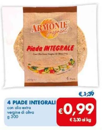 MD Discount 4 PIADE INTEGRALI con olio extra vergine di oliva g 300 offerta