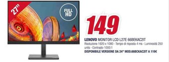 Trony LENOVO MONITOR LCD L27E 66BEKAC2IT offerta