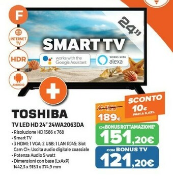 Expert Toshiba 24WA2063DA TV 61 Cm (24") HD Smart TV Wi-Fi Nero offerta