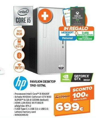 Expert HP Pavilion TP01-1017nl DDR4-SDRAM I5-10400F Mini Tower Intel® Core™ I5 Di Decima Generazione 8 GB 512 GB SSD Windows 10 Home offerta