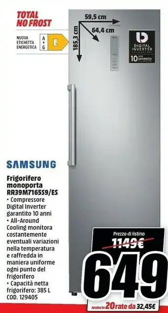 MediaWorld Samsung RR39M7165S9 Frigorifero Libera Installazione 385 L E Acciaio Inossidabile offerta